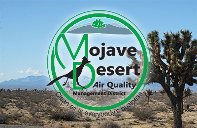 MDAQMD logo with joshua trees and San Gabriel Mountain Range shown in background